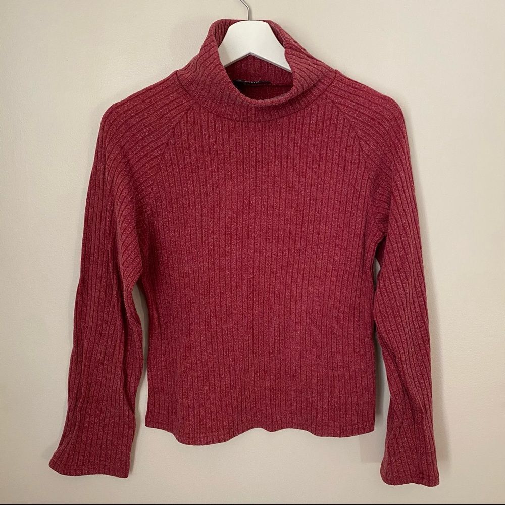 Shein Turtleneck Top Ribbed Pink Long Sleeve Casual Fall Blouse